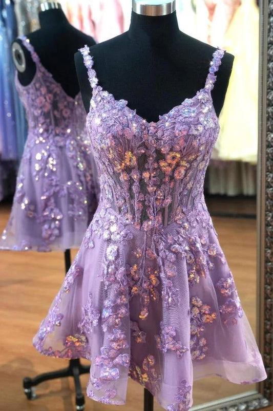 A-Line Straps V-Neck Lace Appliques Empire-Waist Sleeveless Homecoming Dress
