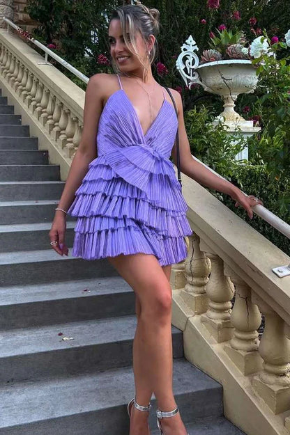 A-Line V-Neck Pleated Layered Short Cocktail Homecoming Dress