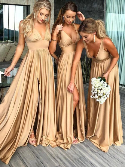 A-Line V-Neck Sweep Train Straw Spandex Prom Party Dress with Split