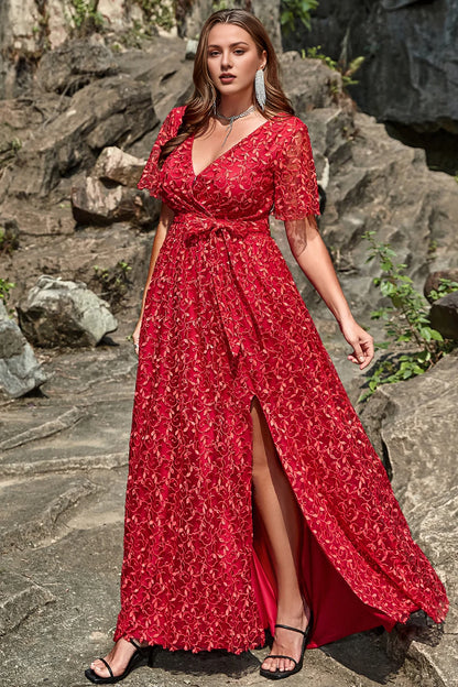 A-Line V Neck Short Sleeve Split Front Plus Size Bridesmaid Dress with Appliques