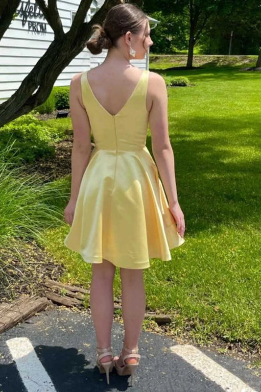 A-Line Yellow V-Neck Short Homecoming Dress