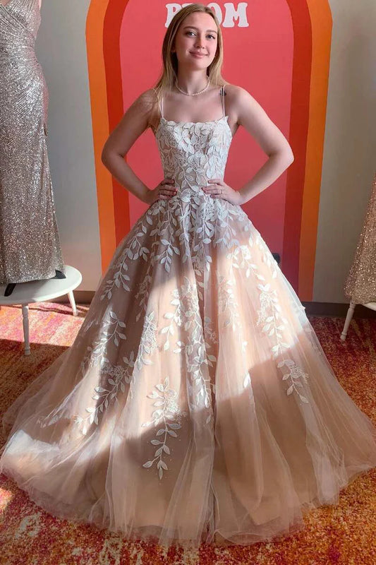 A-Line thin suspender backless embroidered long ball gown
