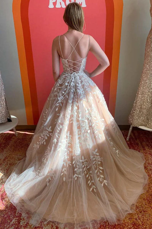 A-Line thin suspender backless embroidered long ball gown