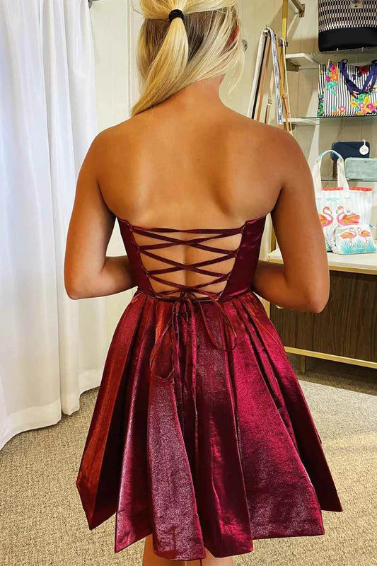 A-line Burgundy Strapless Short Homecoming Dress
