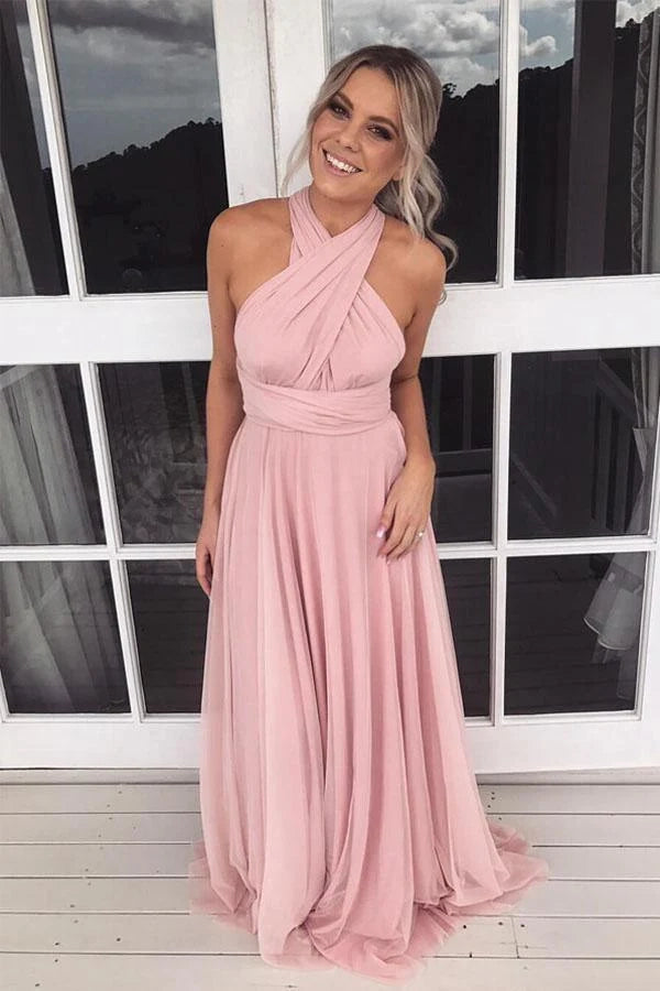 A-line Halter Pink Chiffon Long Bridesmaid Dress 4 Bridesmaid