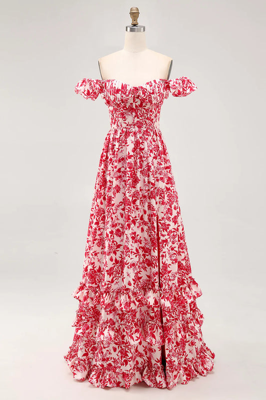 A-line Off The Shoulder Ruched Red Flower Long Bridesmaid Dress with Slit
