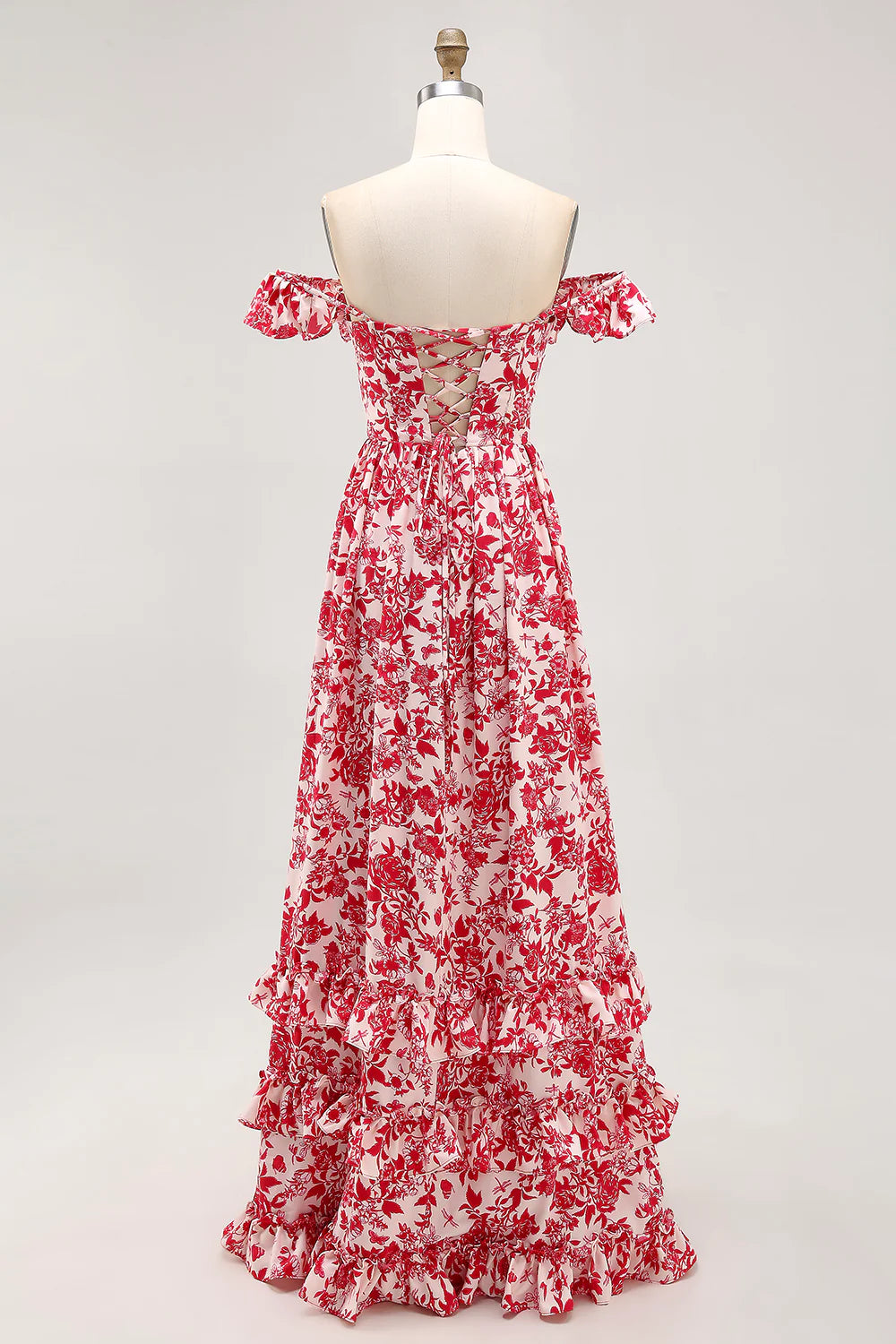 A-line Off The Shoulder Ruched Red Flower Long Bridesmaid Dress with Slit