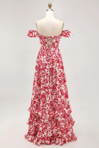 A-line Off The Shoulder Ruched Red Flower Long Bridesmaid Dress with Slit