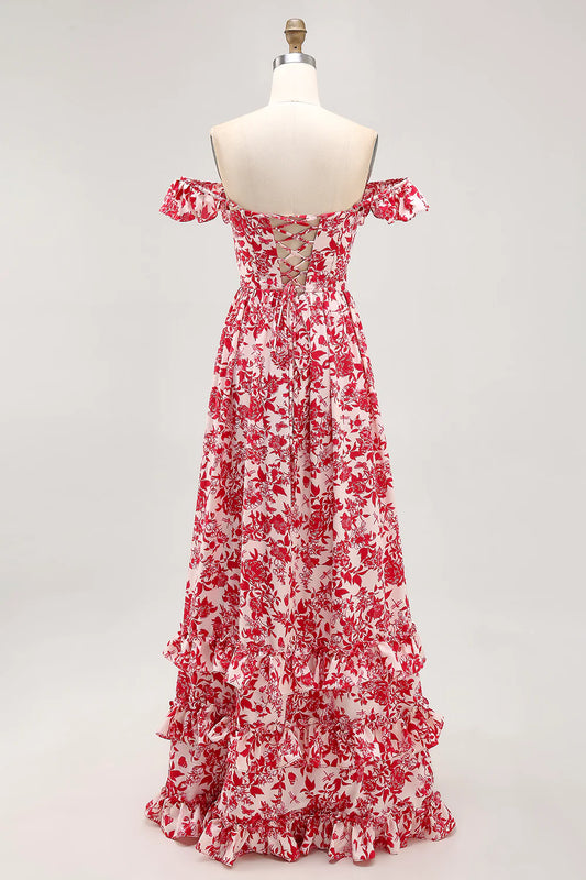 A-line Off The Shoulder Ruched Red Flower Long Bridesmaid Dress with Slit