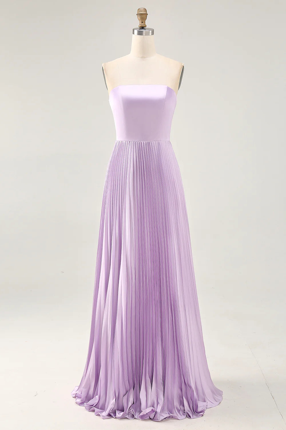 A-line Strapless Pleated Lilac Long Bridesmaid Dress with Lace Up Back