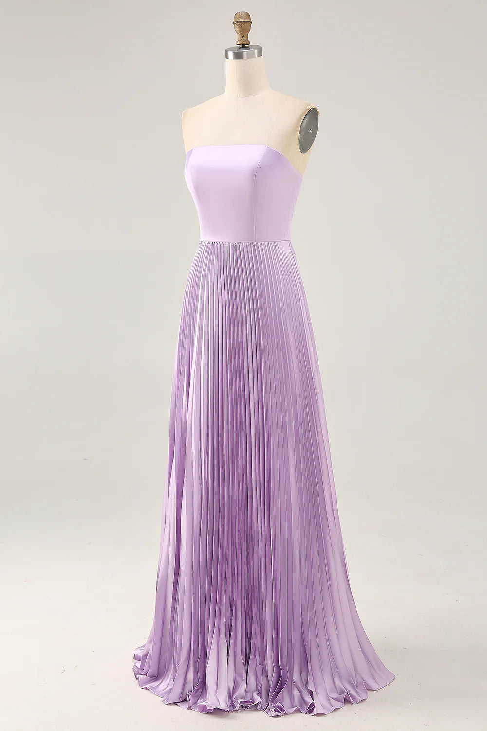A-line Strapless Pleated Lilac Long Bridesmaid Dress with Lace Up Back