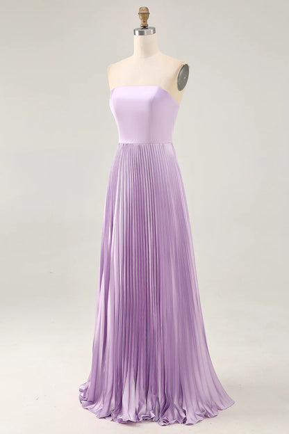 A-line Strapless Pleated Lilac Long Bridesmaid Dress with Lace Up Back