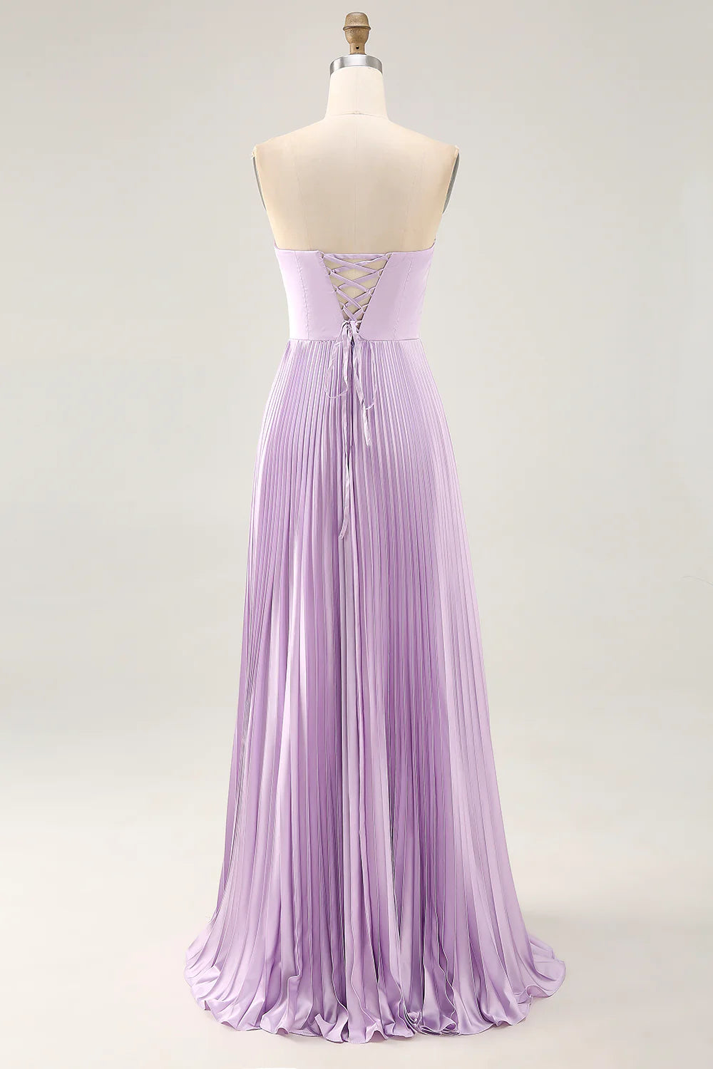 A-line Strapless Pleated Lilac Long Bridesmaid Dress with Lace Up Back