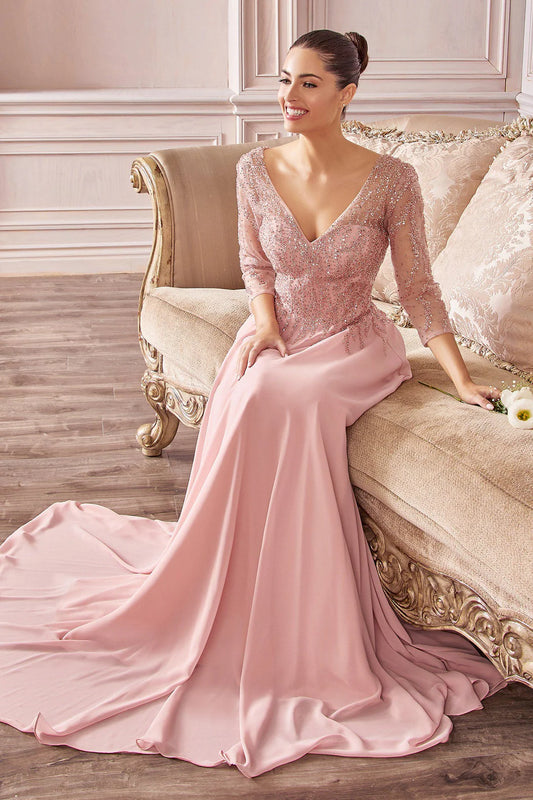 A-line V-neck 3/4 sleeve chiffon dress with lace rhinestones