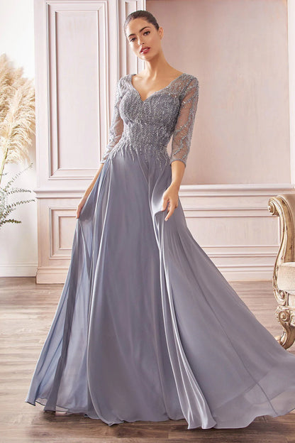 A-line V-neck 3/4 sleeve chiffon dress with lace rhinestones