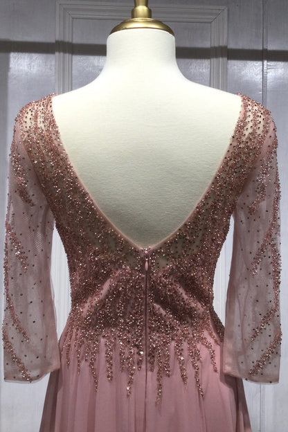 A-line V-neck 3/4 sleeve chiffon dress with lace rhinestones
