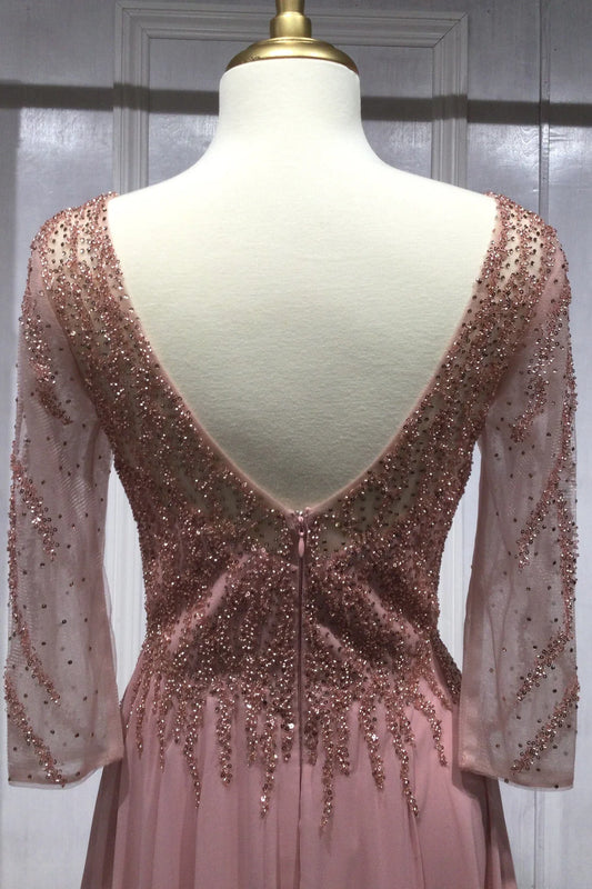 A-line V-neck 3/4 sleeve chiffon dress with lace rhinestones
