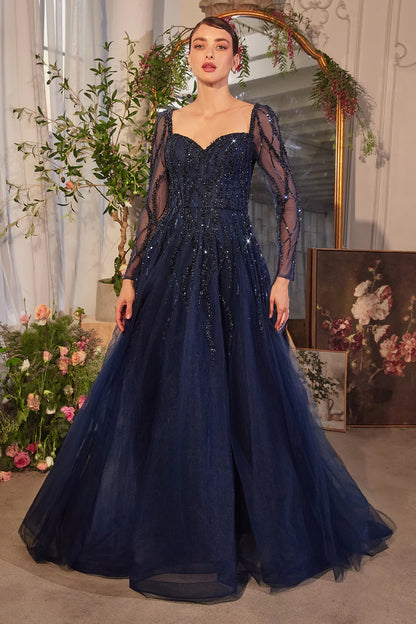 A-line V-neck long sleeved dress with side slit and rhinestones