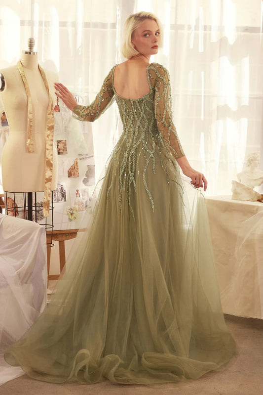 A-line V-neck long sleeved dress with side slit and rhinestones