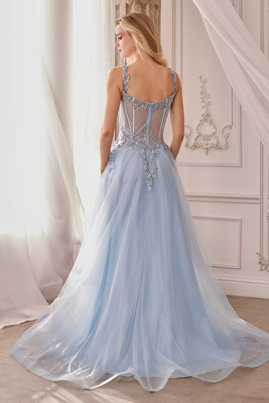 A-line V-neck thin suspender transparent corset dress with applique rhinestones