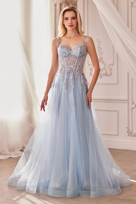 A-line V-neck thin suspender transparent corset dress with applique rhinestones