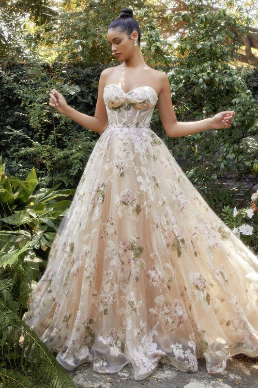 A-line applique strapless tight corset sheer dress