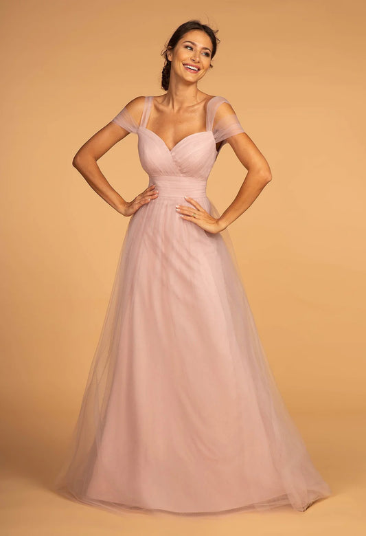 A-line backless cold shoulder long sheer dress