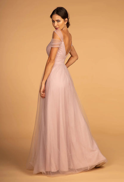A-line backless cold shoulder long sheer dress