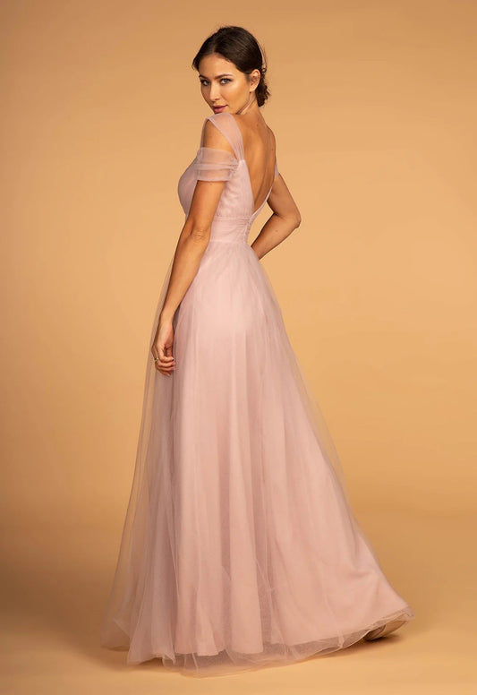 A-line backless cold shoulder long sheer dress