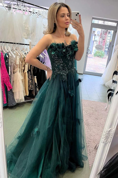 Strapless 3D floral lace A-line ball dress with slit