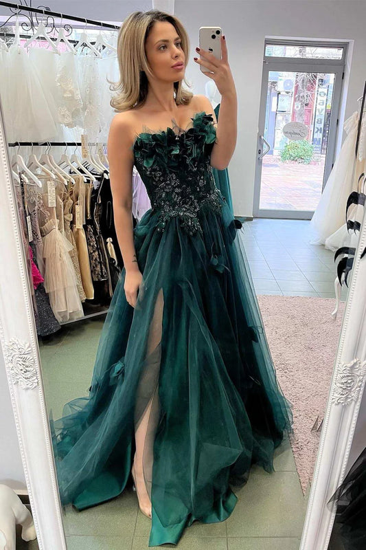 Strapless 3D floral lace A-line ball dress with slit