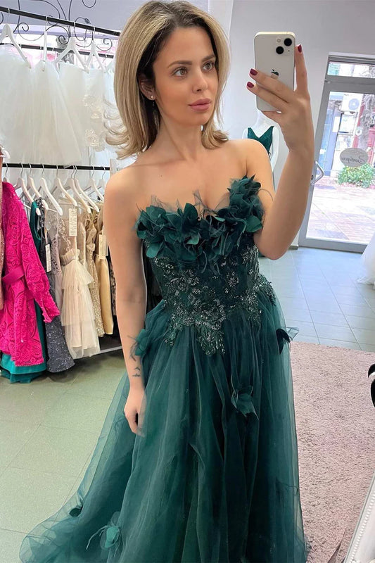 Strapless 3D floral lace A-line ball dress with slit