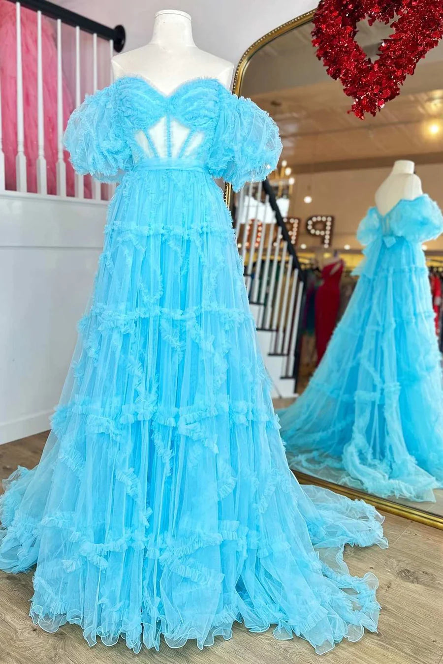 Transparent tight corset pleated A-line ball gown with fluffy sleeves