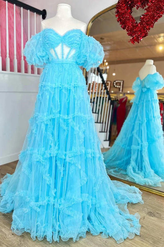 Transparent tight corset pleated A-line ball gown with fluffy sleeves