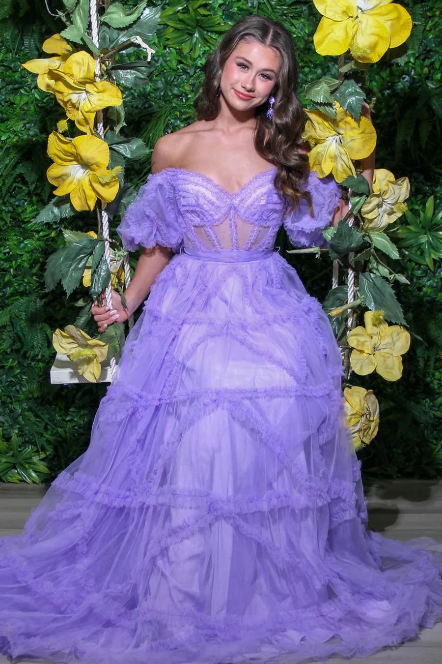 Transparent tight corset pleated A-line ball gown with fluffy sleeves
