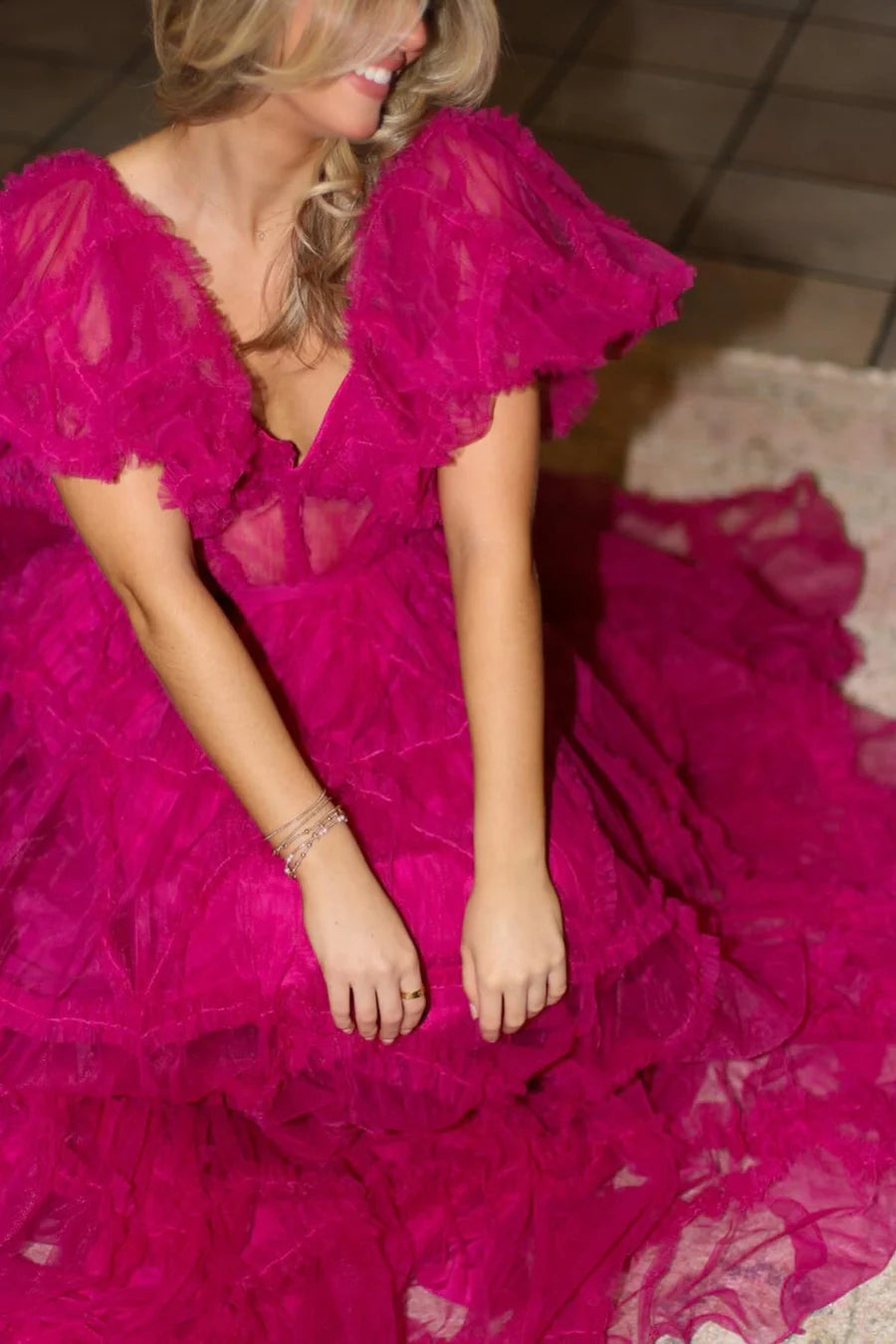Transparent tight corset pleated A-line ball gown with fluffy sleeves