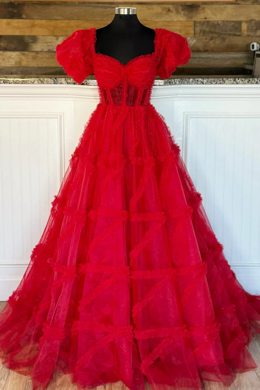 Transparent tight corset pleated A-line ball gown with fluffy sleeves