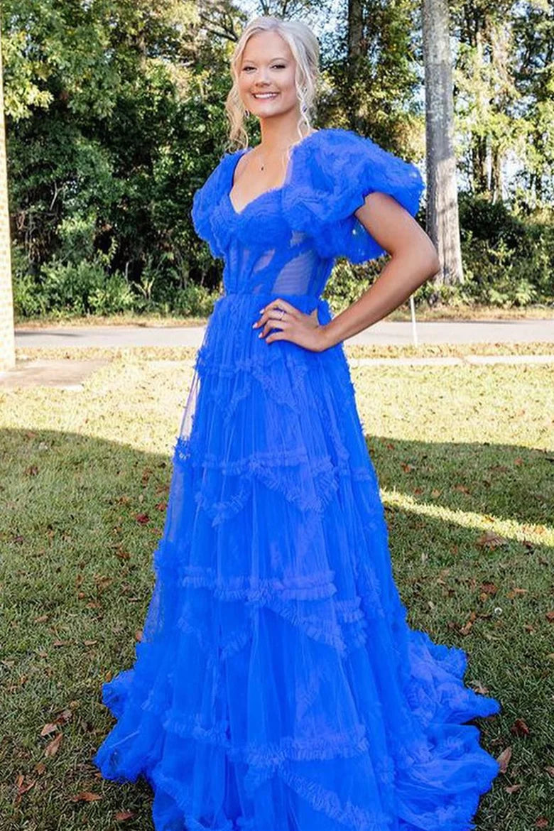 Transparent tight corset pleated A-line ball gown with fluffy sleeves