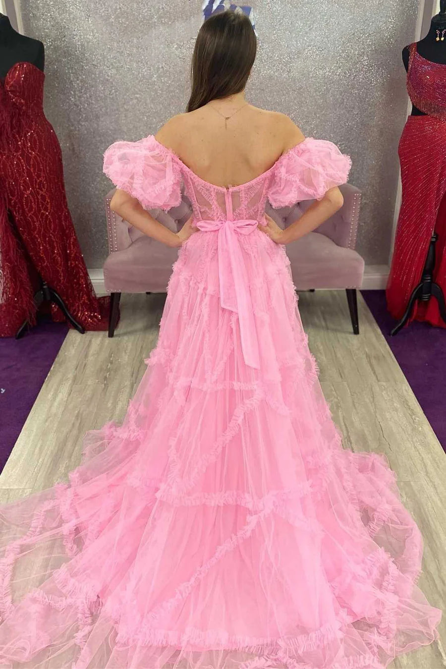 Transparent tight corset pleated A-line ball gown with fluffy sleeves