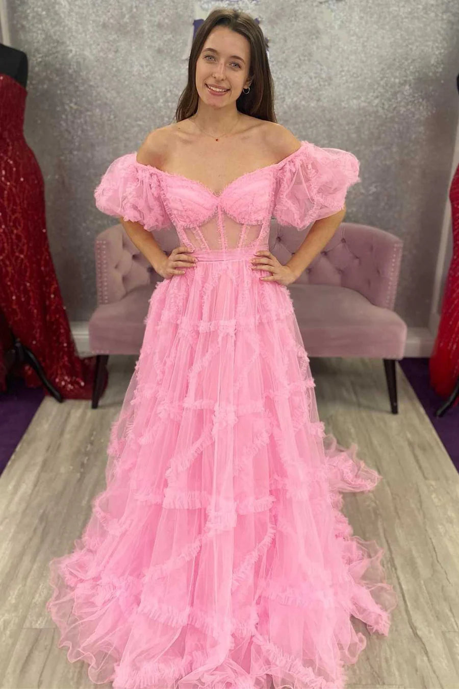 Transparent tight corset pleated A-line ball gown with fluffy sleeves