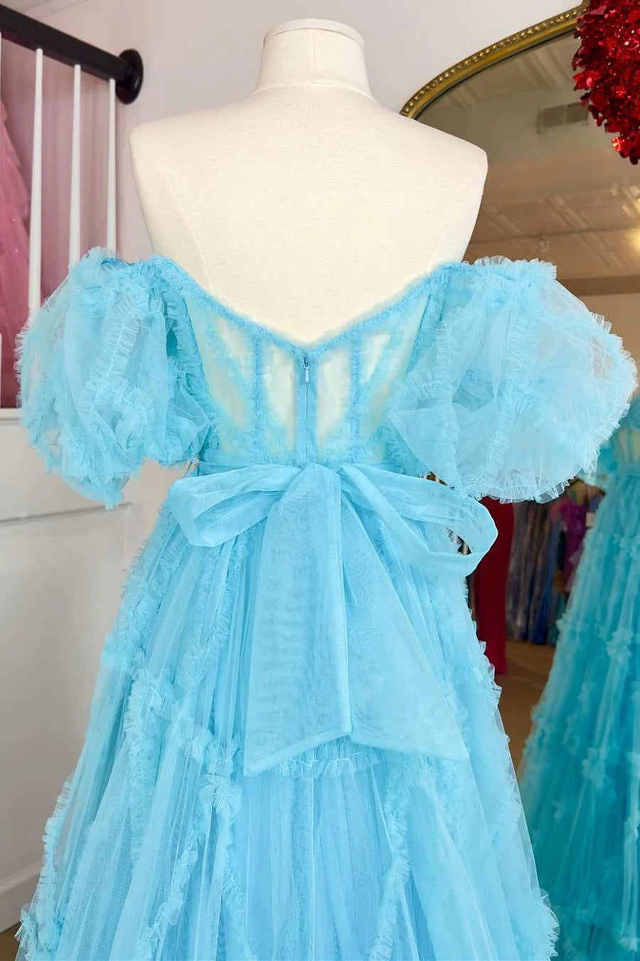 Transparent tight corset pleated A-line ball gown with fluffy sleeves