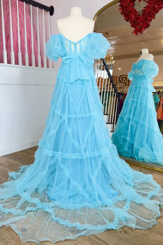 Transparent tight corset pleated A-line ball gown with fluffy sleeves