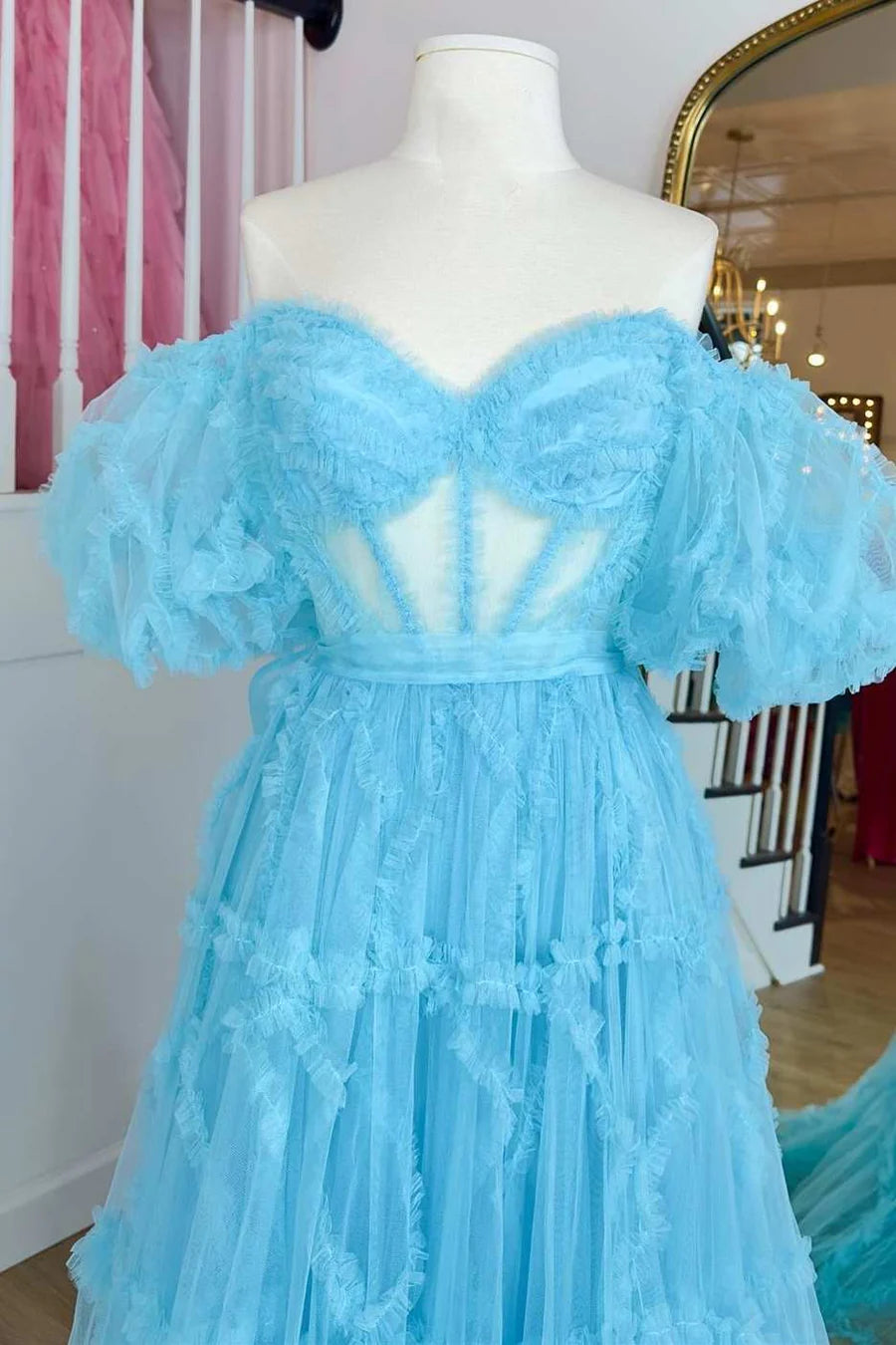 Transparent tight corset pleated A-line ball gown with fluffy sleeves