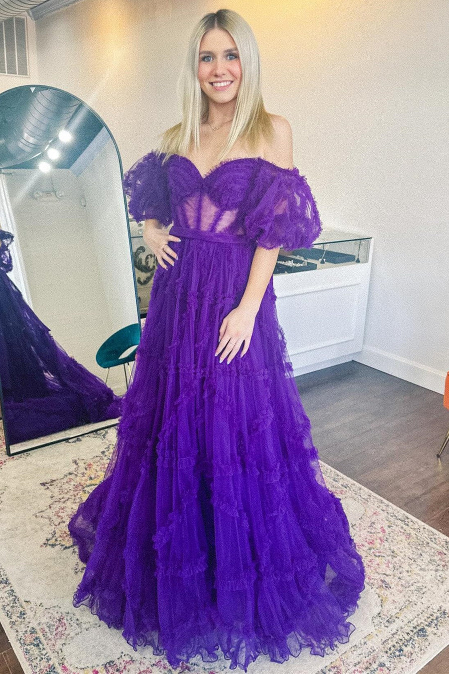 Transparent tight corset pleated A-line ball gown with fluffy sleeves