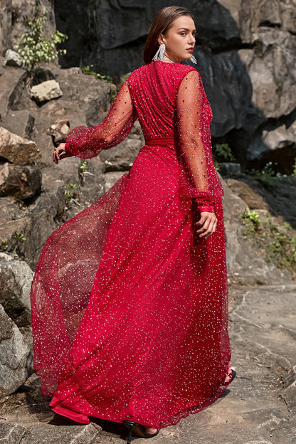 A-line beaded chiffon long sleeved front slit plus size bridesmaid dress with waist belt