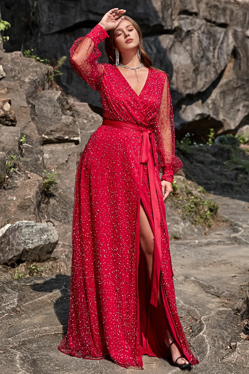 A-line beaded chiffon long sleeved front slit plus size bridesmaid dress with waist belt