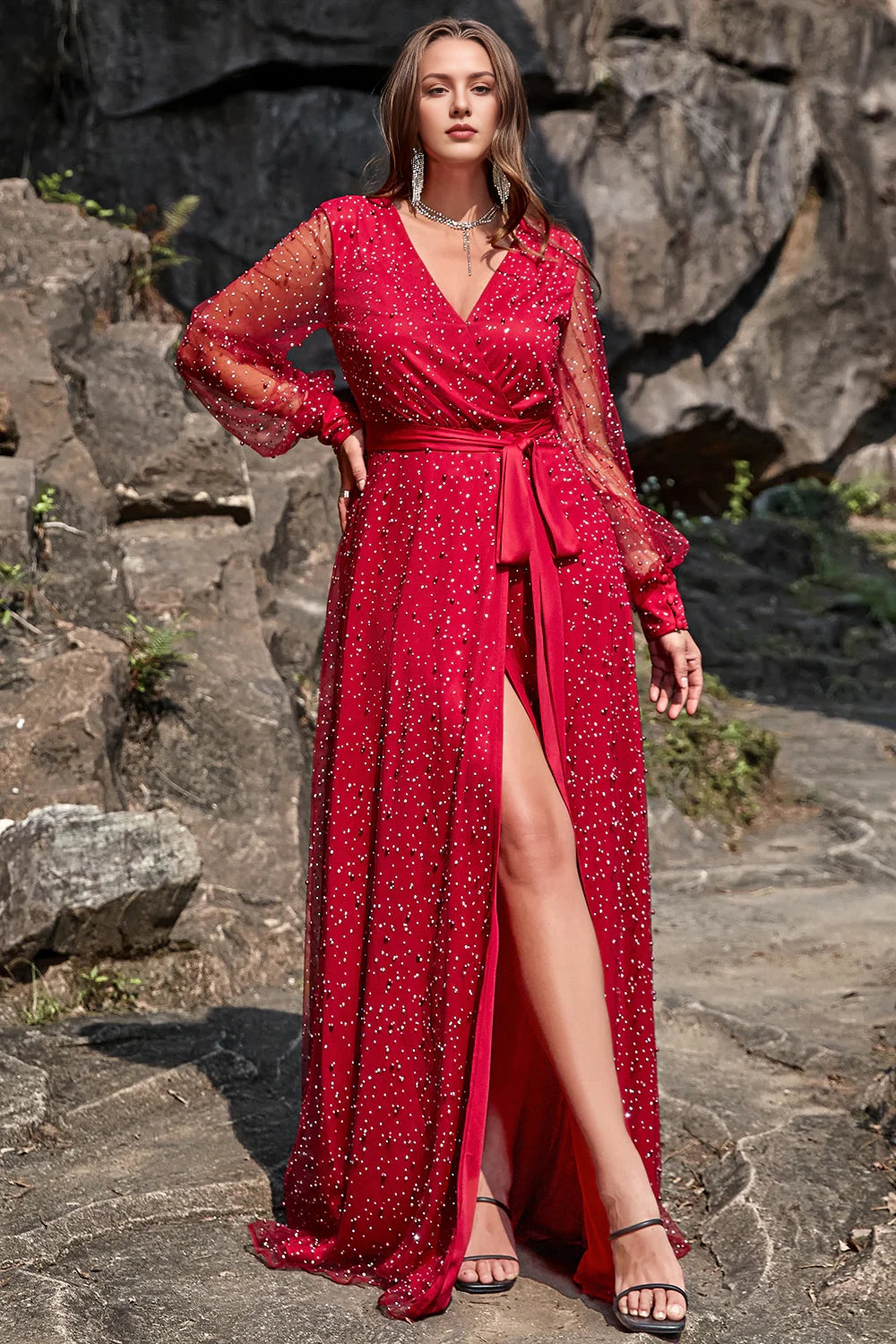 A-line beaded chiffon long sleeved front slit plus size bridesmaid dress with waist belt