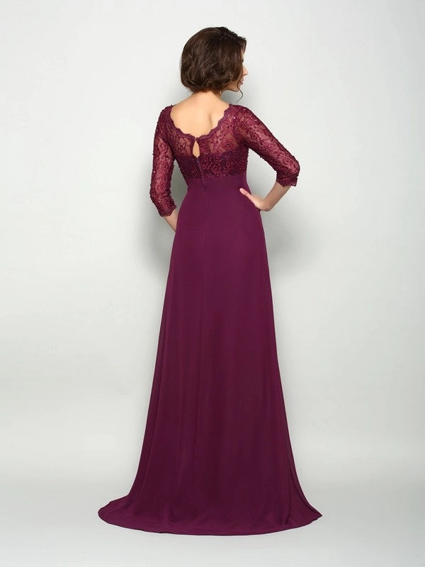 A-line chiffon V-neck 3/4 sleeve beaded bridal gown