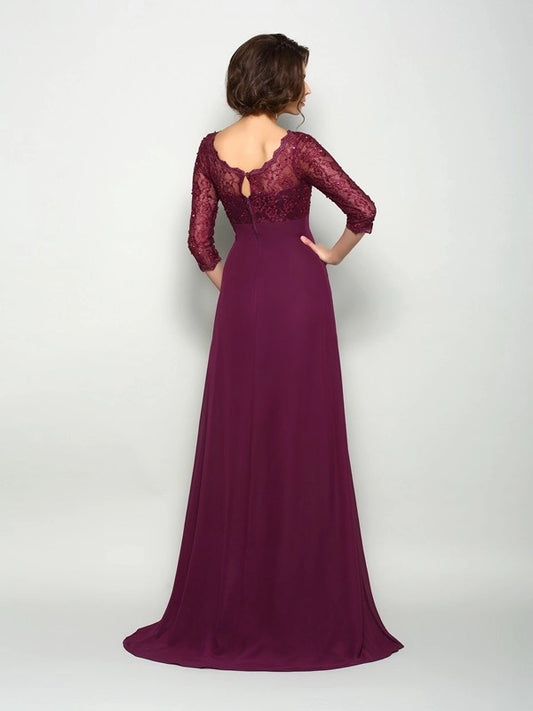 A-line chiffon V-neck 3/4 sleeve beaded bridal gown