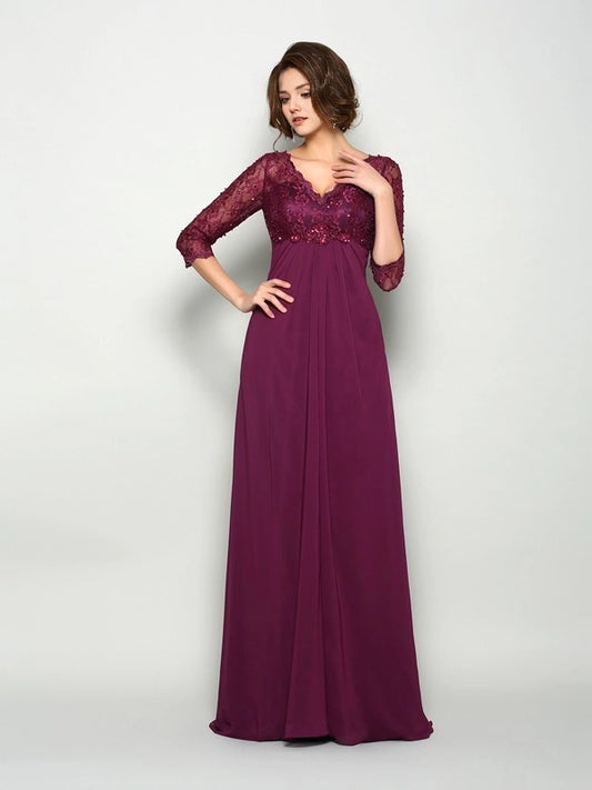 A-line chiffon V-neck 3/4 sleeve beaded bridal gown
